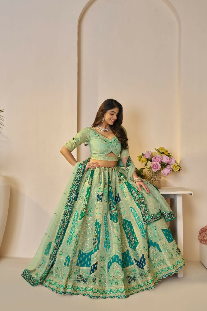 Kesar Fab Green Banarasi Silk Embroidered Lehenga | Grocsy
