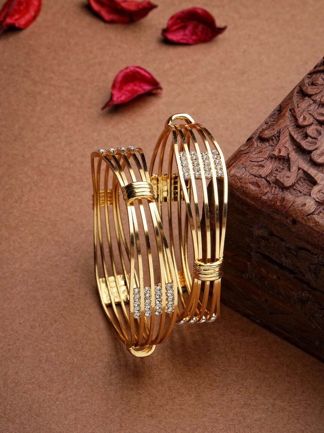 NVR Women Set of 2 Gold-Polished Kundan Studded Bangles