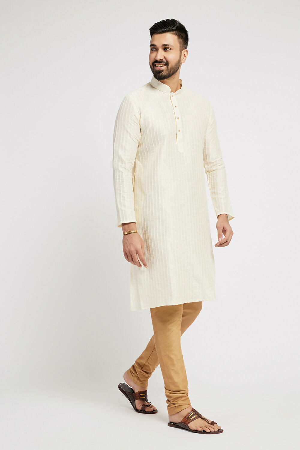 Ethnic India Cream Men's Kurta Striped Polyester | Grocsy
