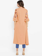 Janasya Women Peach-Coloured & Green Floral Printed Bell Sleeves Kurta | Grocsy