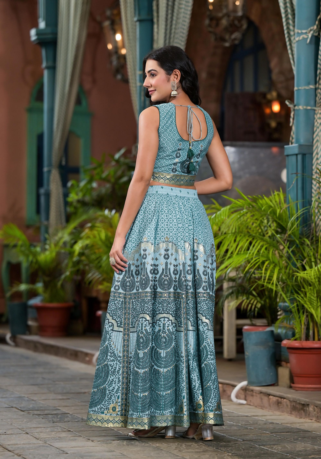 Juniper Women's Aqua Ethnic Motif Printed Lehenga Set With Sequins & Gota Patti | Grocsy