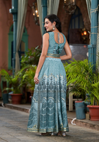 Juniper Women's Aqua Ethnic Motif Printed Lehenga Set With Sequins & Gota Patti | Grocsy