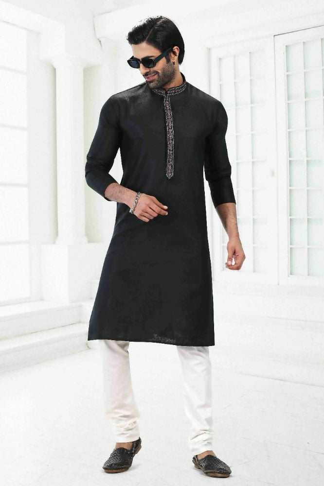Raivat Ethnic Linen Cotton Thread Work Kurta Pajama In Black Colour | Grocsy