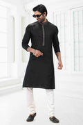 Raivat Ethnic Linen Cotton Thread Work Kurta Pajama In Black Colour | Grocsy