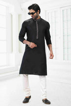 Raivat Ethnic Linen Cotton Thread Work Kurta Pajama In Black Colour | Grocsy