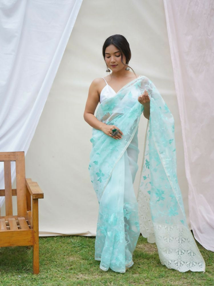 Vamsee Ishaq Sky Organza Saree | Grocsy
