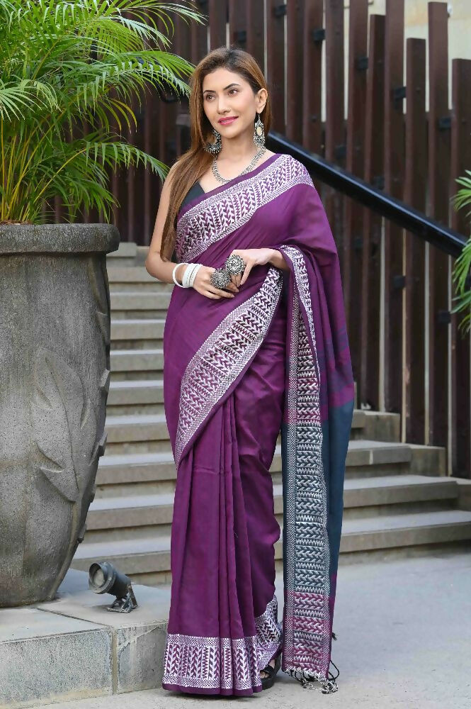 Beatitude Purple Cotton Jacqaurd Border Tangail Handloom Saree | Grocsy