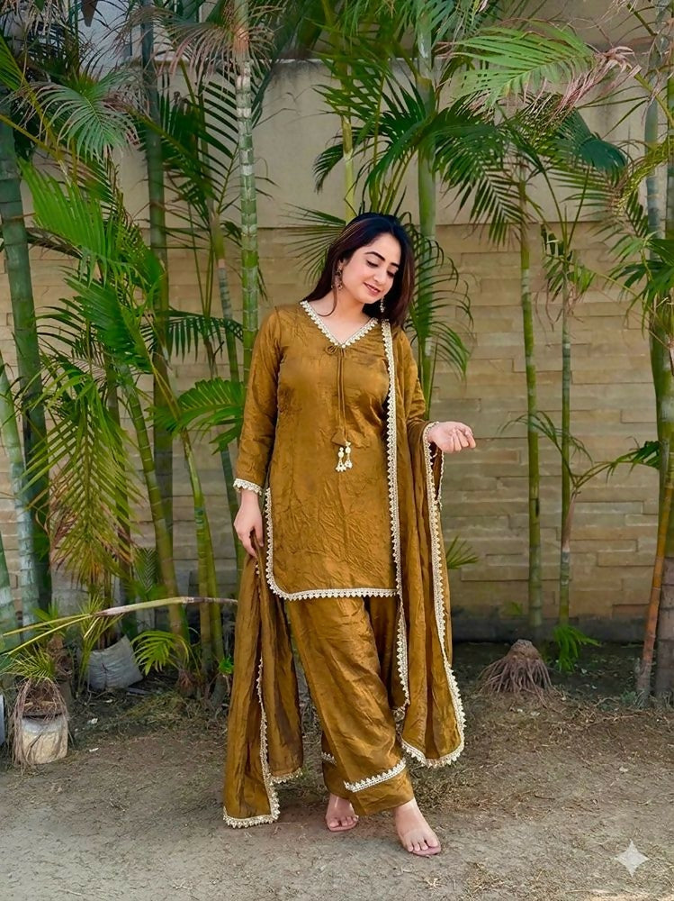Teeya Creation New Trendy Elegant Gold Chanderi Silk Kurta Set with Delicate Lace Detailing and Matching Dupatta | Grocsy