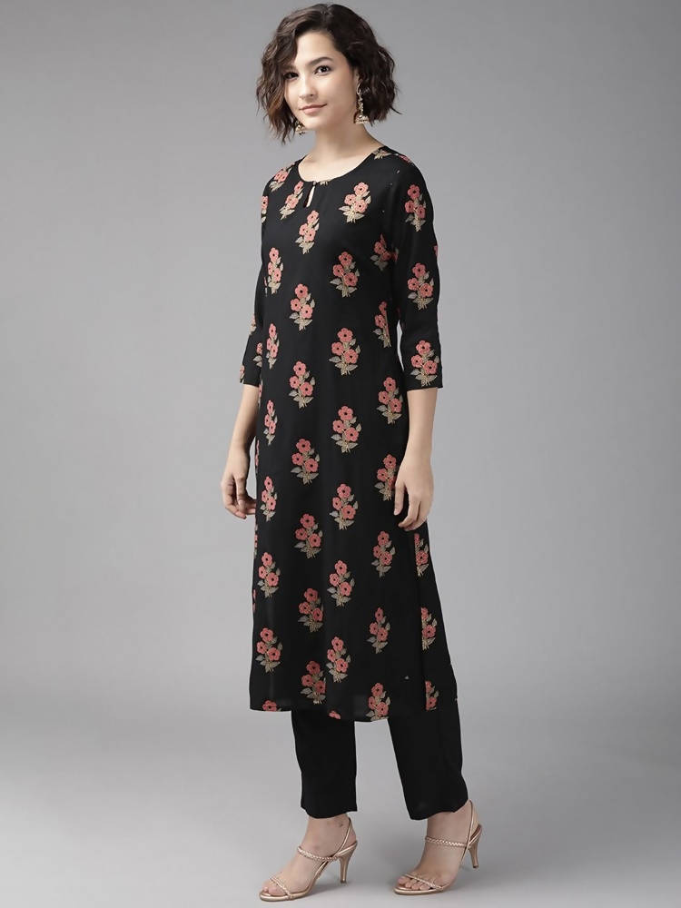 Yufta Black Ethnic Motifs Printed Kurta with Palazzo | Grocsy