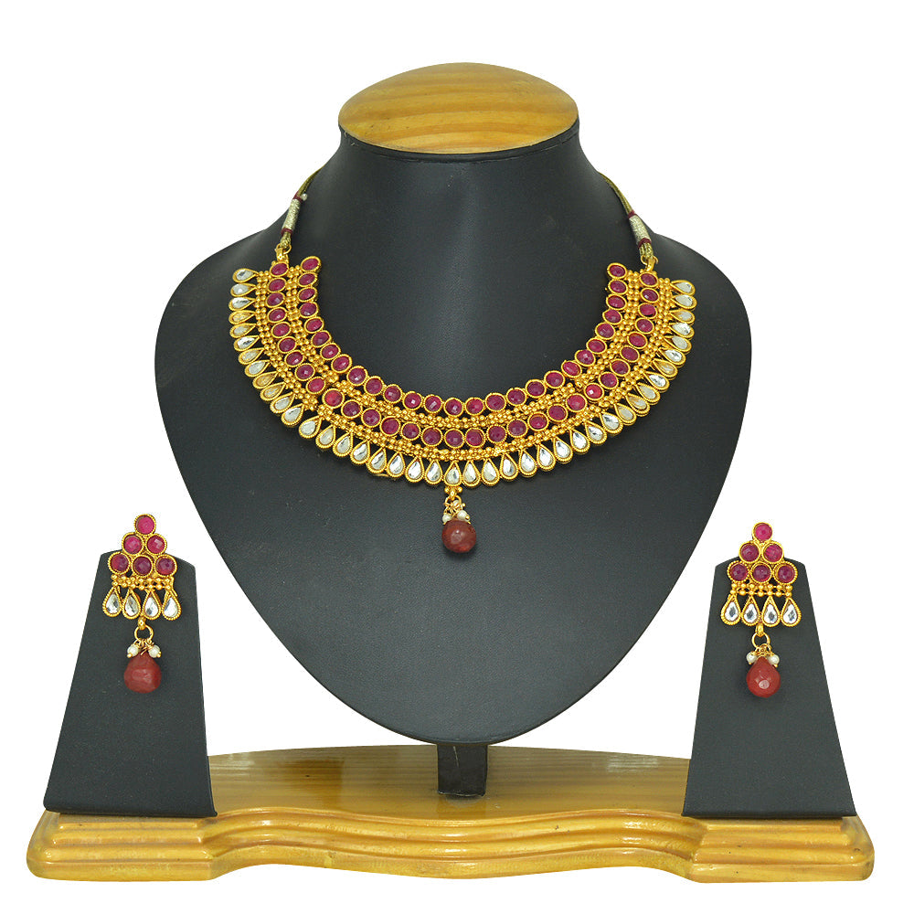 Gold-Polished Alloy Ruby Colour Stone Studded Choker Necklace Set - The Pari | Grocsy