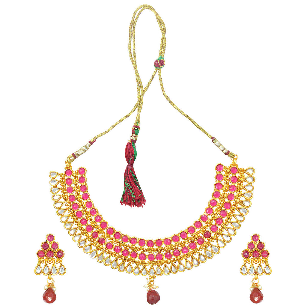 Gold-Polished Alloy Ruby Colour Stone Studded Choker Necklace Set - The Pari | Grocsy