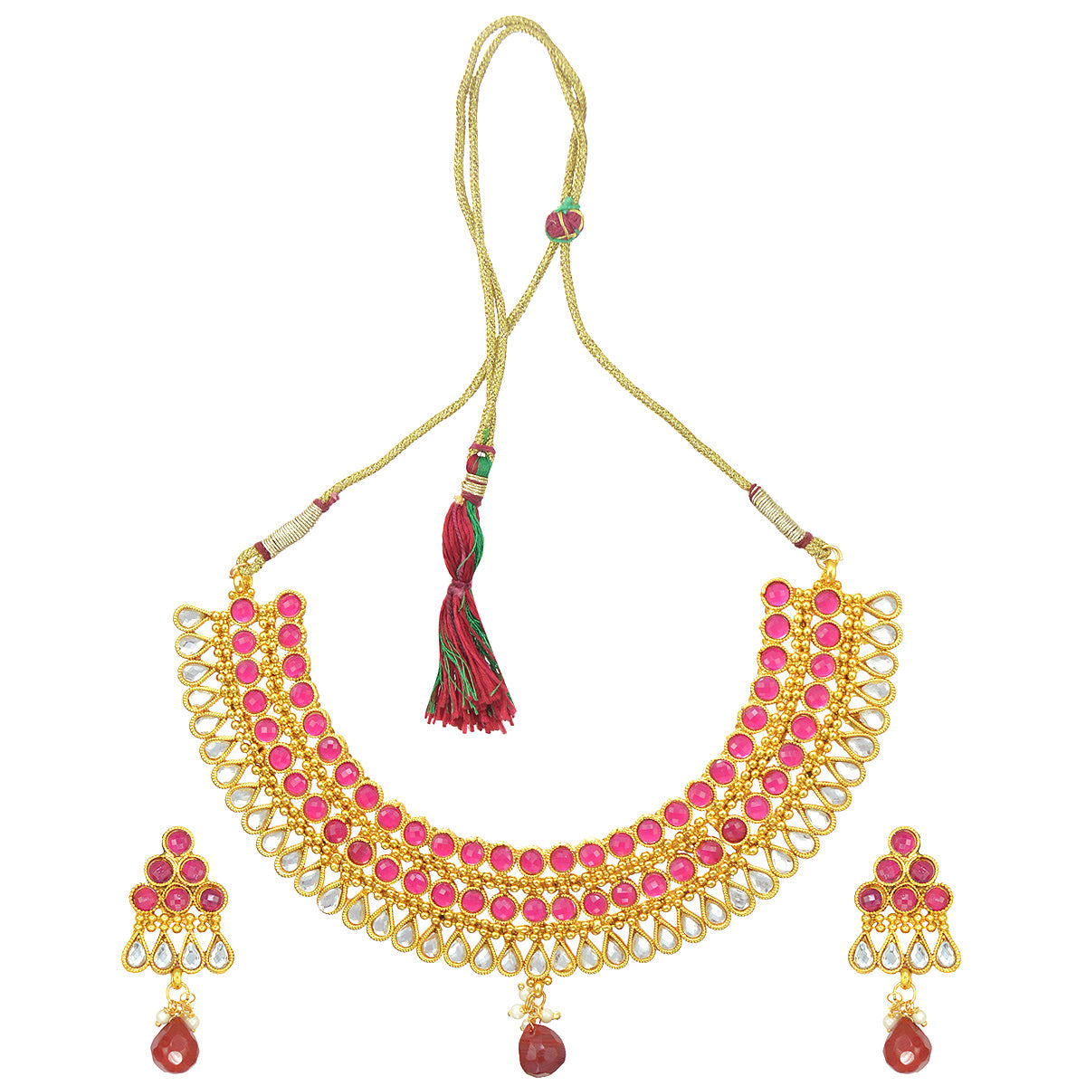 Gold-Polished Alloy Ruby Colour Stone Studded Choker Necklace Set - The Pari | Grocsy