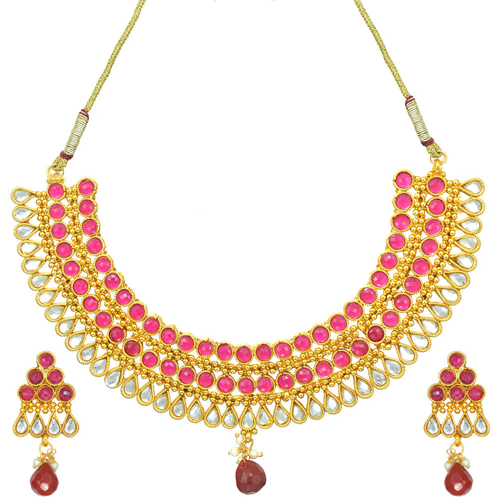 Gold-Polished Alloy Ruby Colour Stone Studded Choker Necklace Set - The Pari | Grocsy