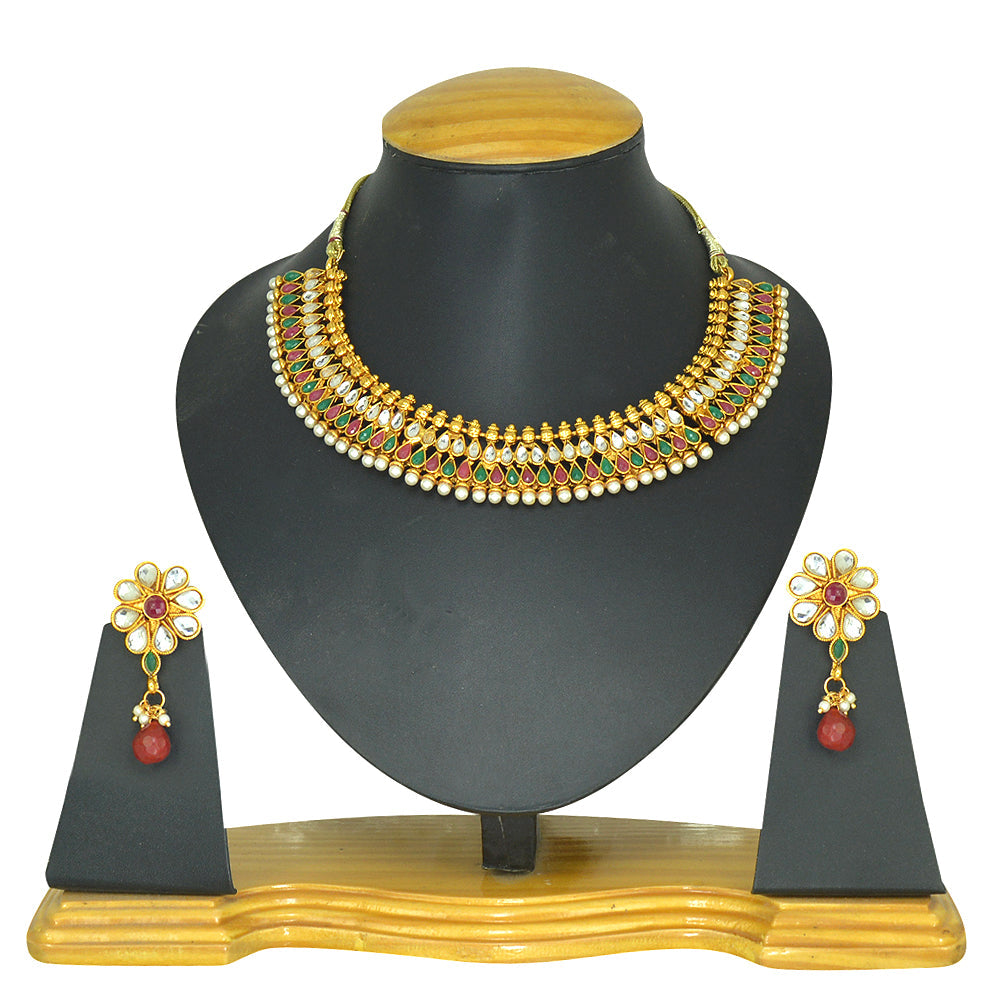 Gold-Polished Alloy Multi Stone Studded Choker Necklace Set - The Pari | Grocsy
