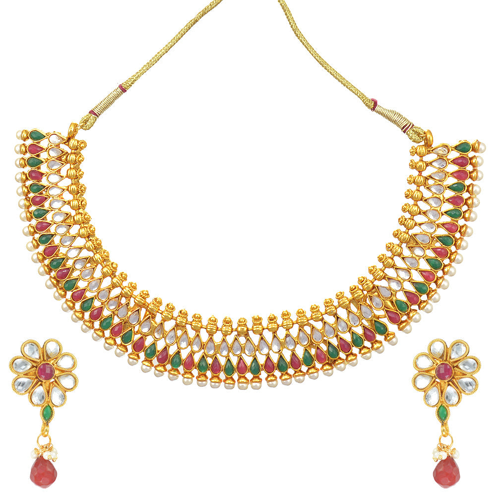 Gold-Polished Alloy Multi Stone Studded Choker Necklace Set - The Pari | Grocsy