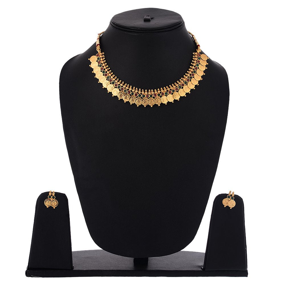 Gold-Polished Alloy Temple Jewellery Coin Sleek Choker Necklace - The Pari | Grocsy