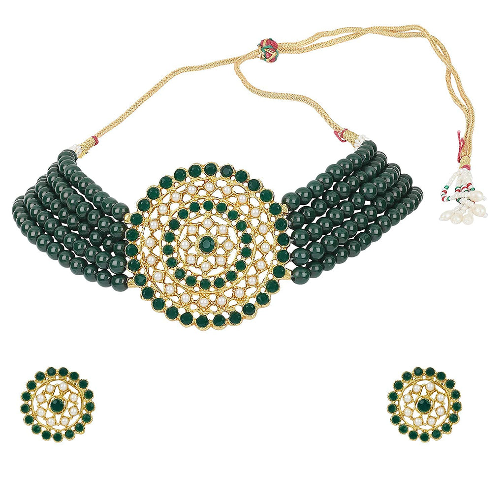 Gold-Polished Alloy Green Beaded Round Pendant Choker Necklace Set - The Pari | Grocsy