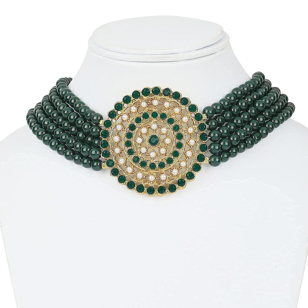 Gold-Polished Alloy Green Beaded Round Pendant Choker Necklace Set - The Pari | Grocsy