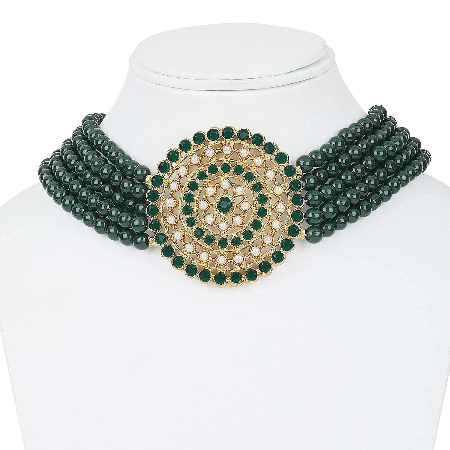 Gold-Polished Alloy Green Beaded Round Pendant Choker Necklace Set - The Pari | Grocsy