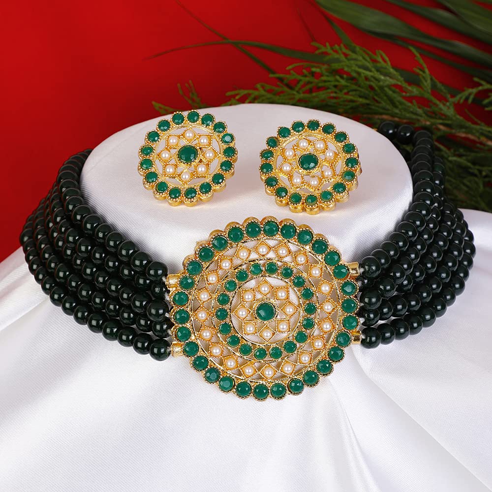 Gold-Polished Alloy Green Beaded Round Pendant Choker Necklace Set - The Pari | Grocsy