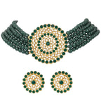 Gold-Polished Alloy Green Beaded Round Pendant Choker Necklace Set - The Pari | Grocsy