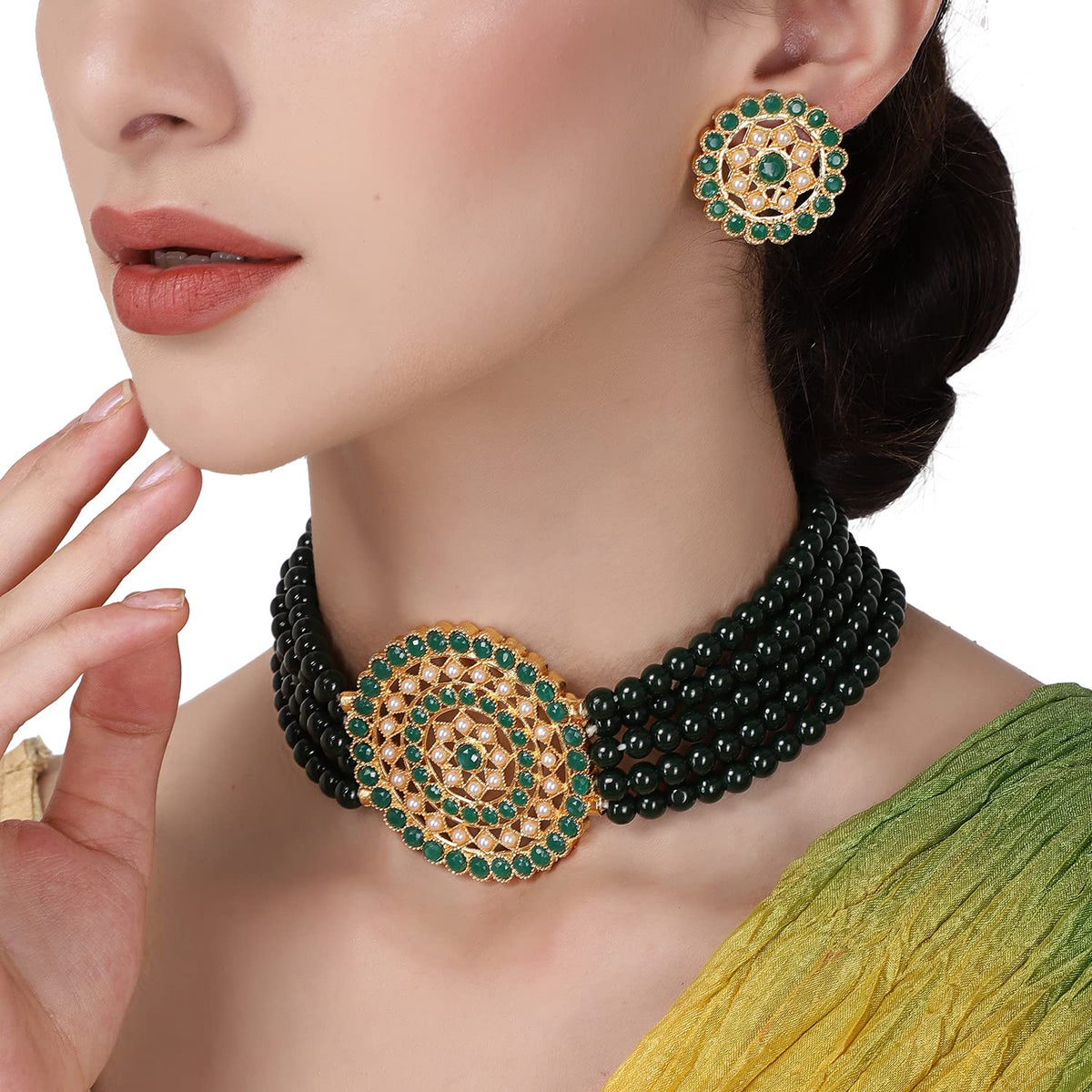 Gold-Polished Alloy Green Beaded Round Pendant Choker Necklace Set - The Pari | Grocsy