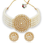 Gold-Polished Alloy Pearl Beaded Round Pendant Choker Necklace Set - The Pari | Grocsy