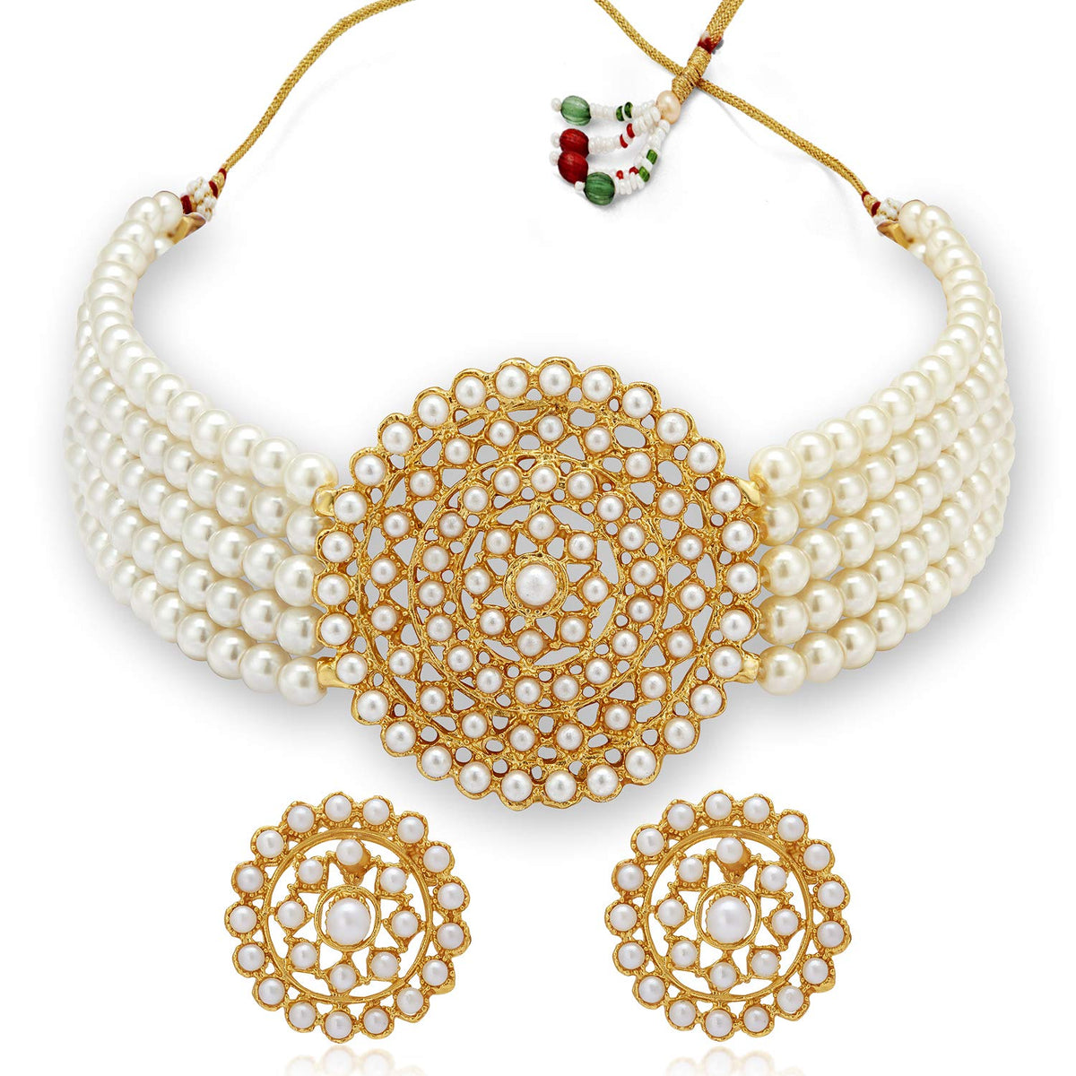 Gold-Polished Alloy Pearl Beaded Round Pendant Choker Necklace Set - The Pari | Grocsy