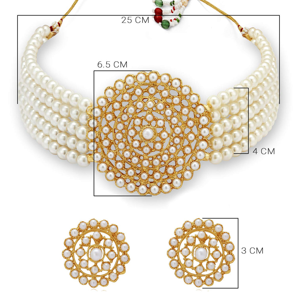 Gold-Polished Alloy Pearl Beaded Round Pendant Choker Necklace Set - The Pari | Grocsy
