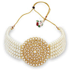 Gold-Polished Alloy Pearl Beaded Round Pendant Choker Necklace Set - The Pari | Grocsy