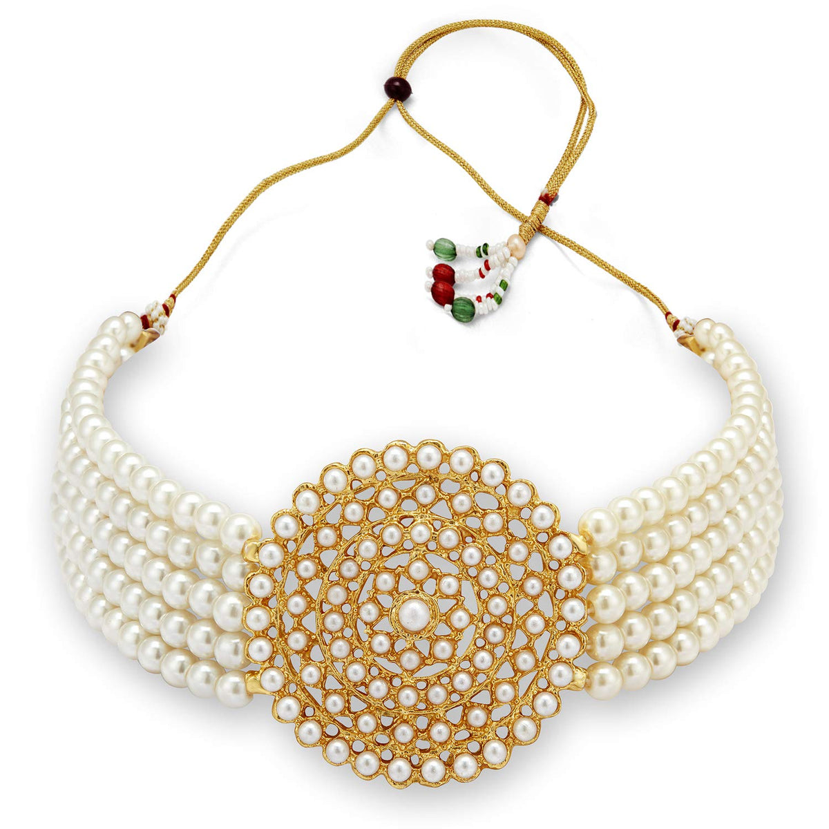 Gold-Polished Alloy Pearl Beaded Round Pendant Choker Necklace Set - The Pari | Grocsy