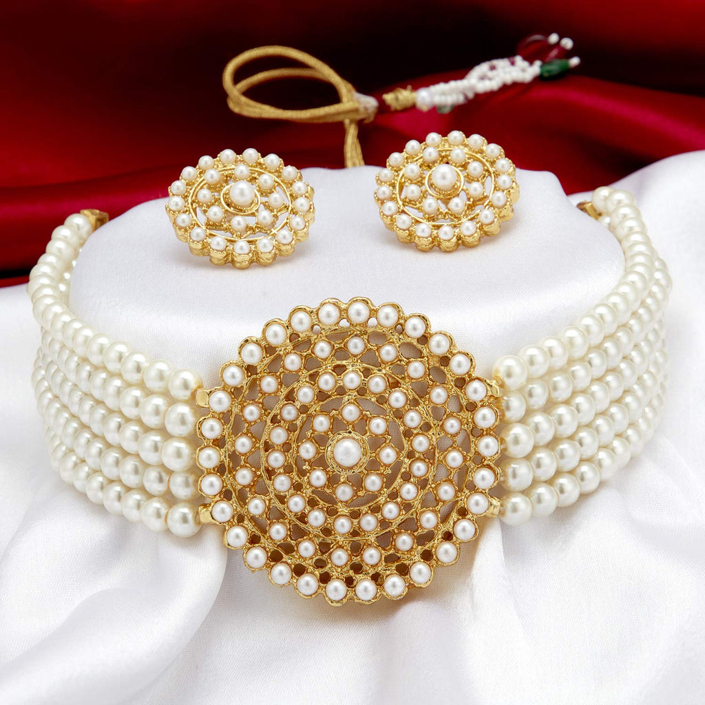 Gold-Polished Alloy Pearl Beaded Round Pendant Choker Necklace Set - The Pari | Grocsy