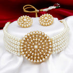 Gold-Polished Alloy Pearl Beaded Round Pendant Choker Necklace Set - The Pari | Grocsy