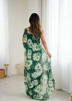 PR Fashion Green Georgette Printed With Mirror Work Saree | Grocsy
