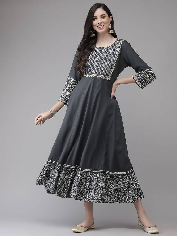 Yufta Grey Embroidered Ethnic Maxi Dress | Grocsy