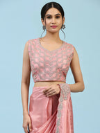 Peach Silk Satin Plain Ready to wear Saree with stitched Blouse - Vrinda | Grocsy