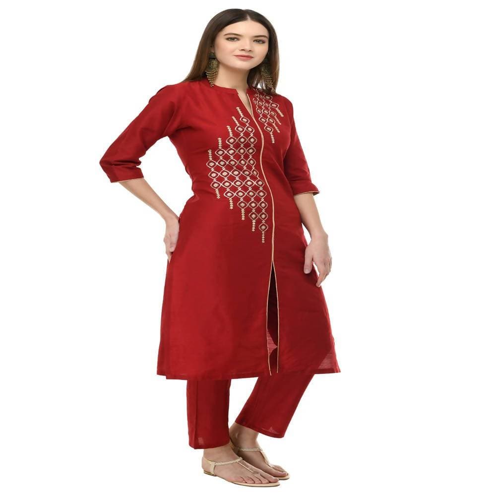 Lagi Women's Maroon Poly silk Straight Embroidred Kurta Pant (RO115A) | Grocsy