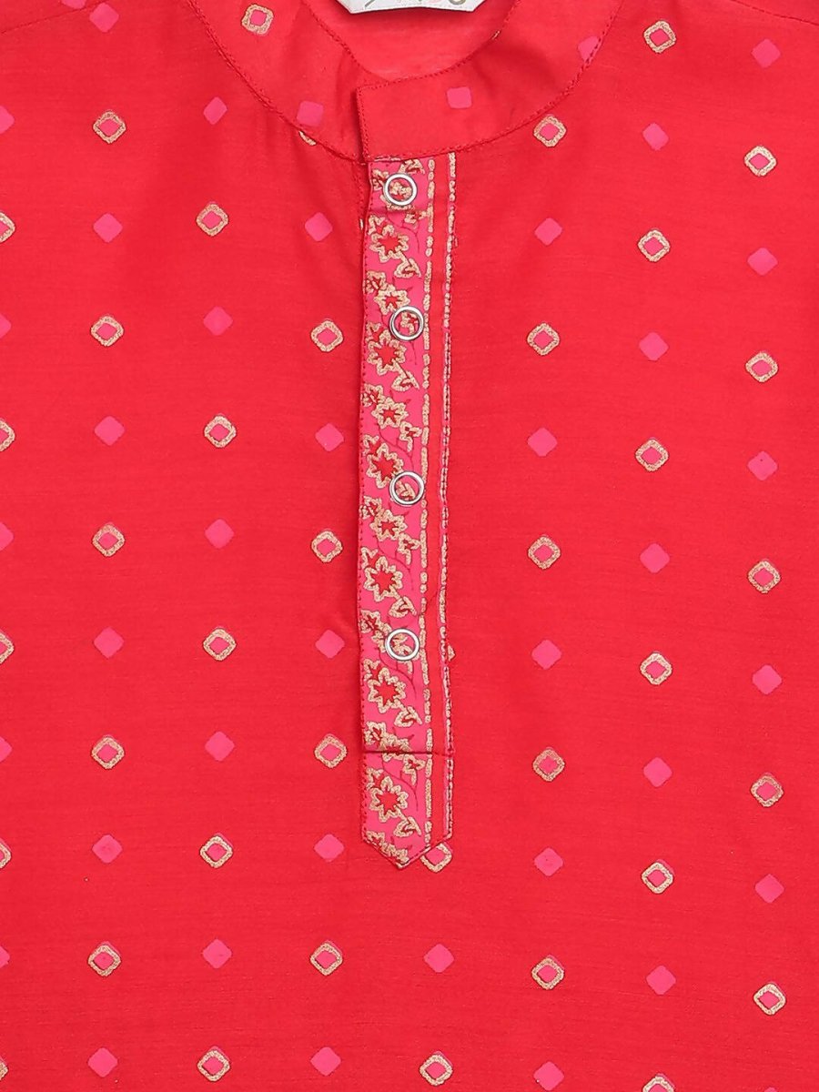 Ahalyaa Red Chnaderi Gold Khari Print Kids Kurta Churidar Set For Boys | Grocsy