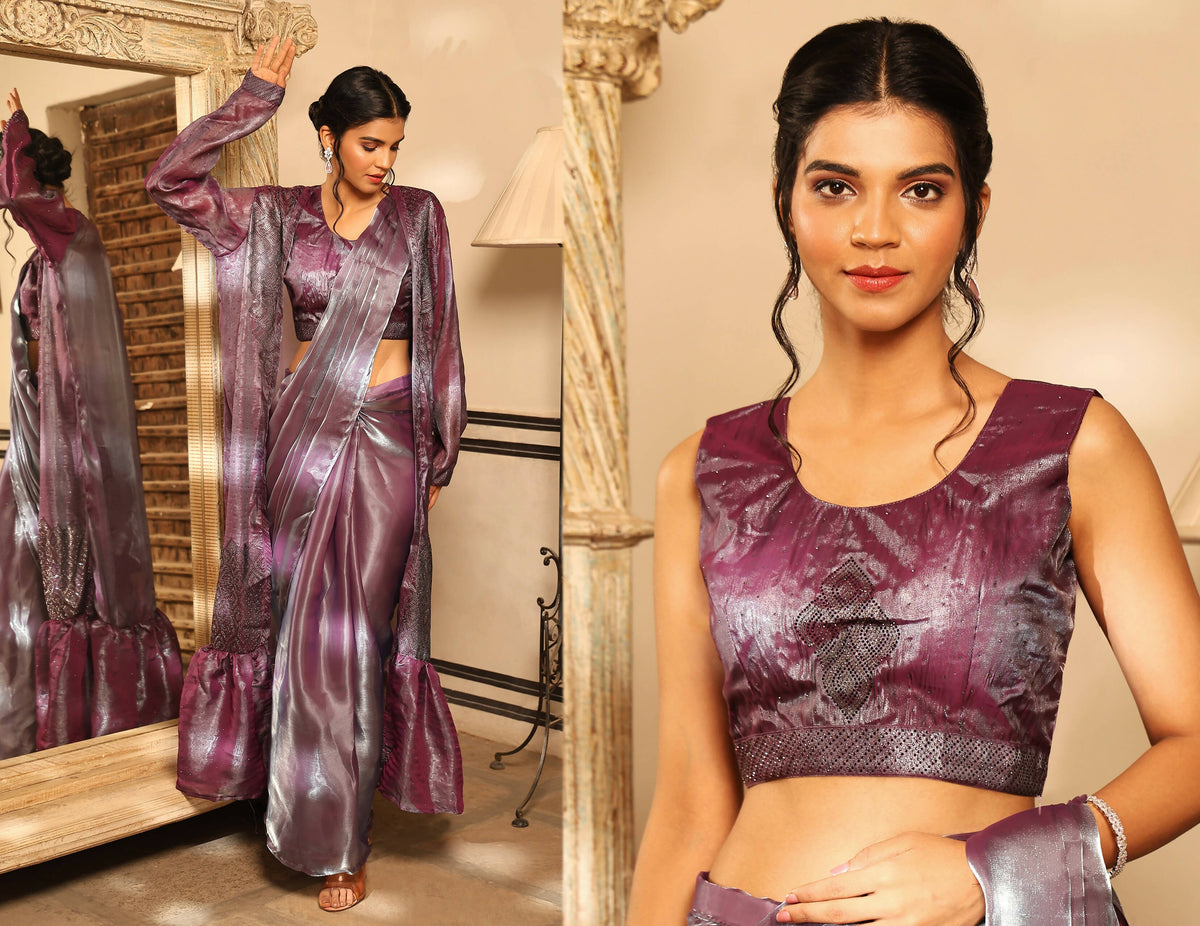 Lavender Tom Silk Plain Ready To Wear Saree With Stitched Blouse - Satiksha | Grocsy