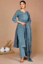 Miravan Women's Blue Ethnic Motifs Printed Gotta Patti Cotton Kurta With Palazzo & Dupatta | Grocsy