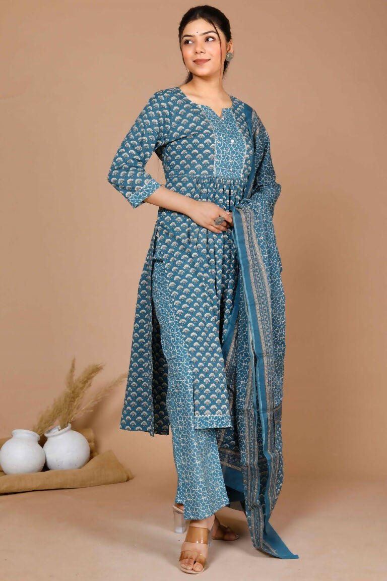 Miravan Women's Blue Ethnic Motifs Printed Gotta Patti Cotton Kurta With Palazzo & Dupatta | Grocsy