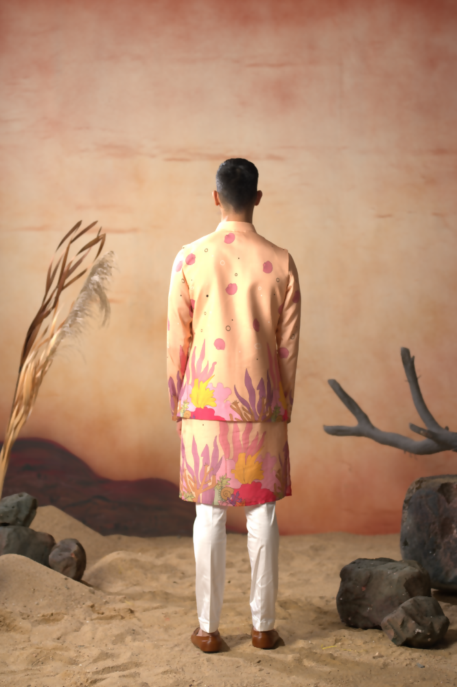 Coral Sunset Nehru Jacket Set by Hilo Design | Grocsy