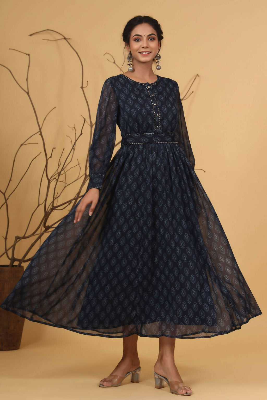 Juniper Women Navy Chiffon Printed Flared Dress | Grocsy