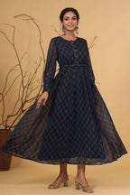 Juniper Women Navy Chiffon Printed Flared Dress | Grocsy