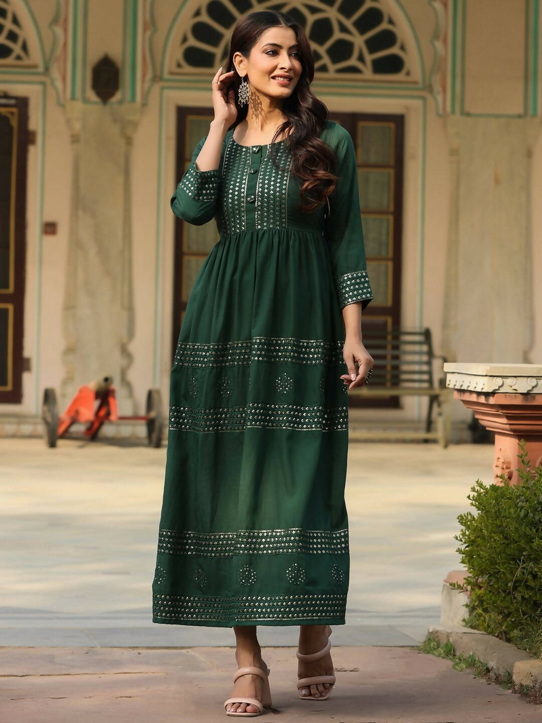 Juniper Women's Green Festive Embroiderd Flared Dress | Grocsy