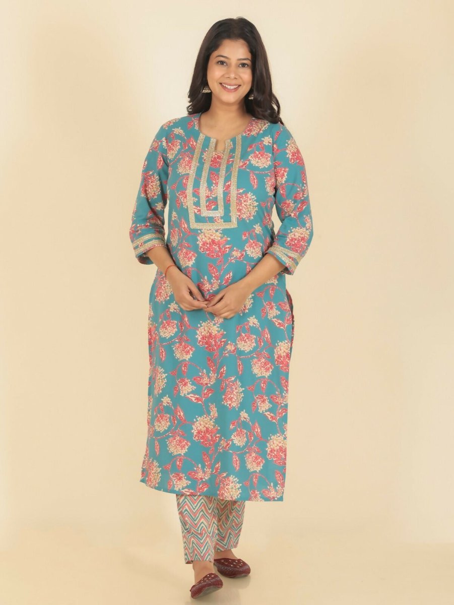 Aramya Green Soft Cotton Floral Print Straight Kurta Pant Set for Women | Grocsy