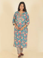 Aramya Green Soft Cotton Floral Print Straight Kurta Pant Set for Women | Grocsy