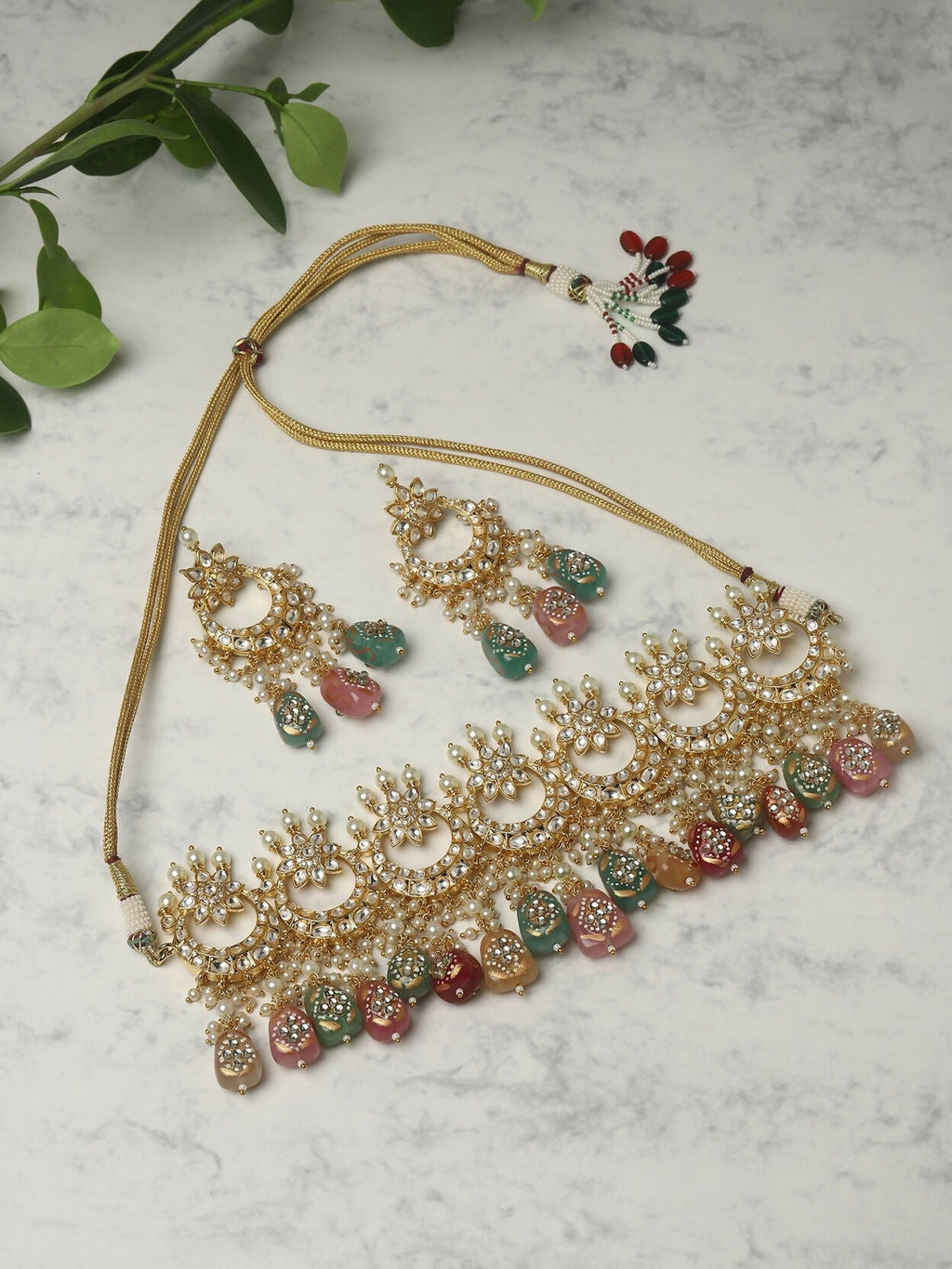 Maharani Kundan Choker with Multi Stones and Earrings- Ruby Raang | Grocsy