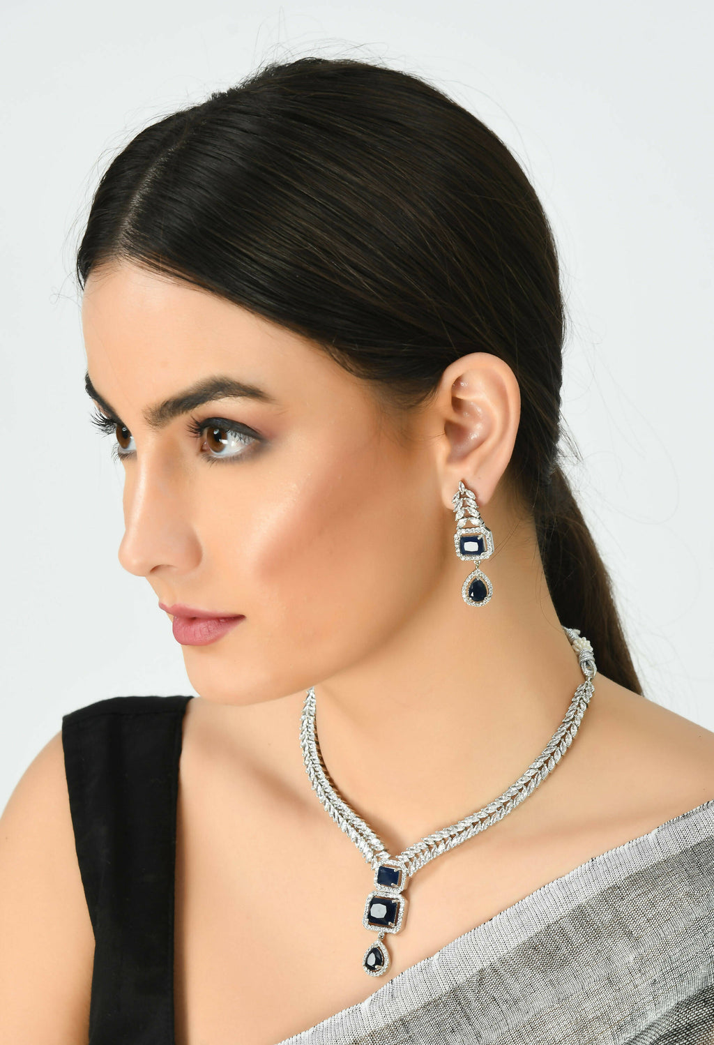 Mominos Fashion Johar Kamal Silver-Plated American Diamond Navy Blue Choker Set | Grocsy