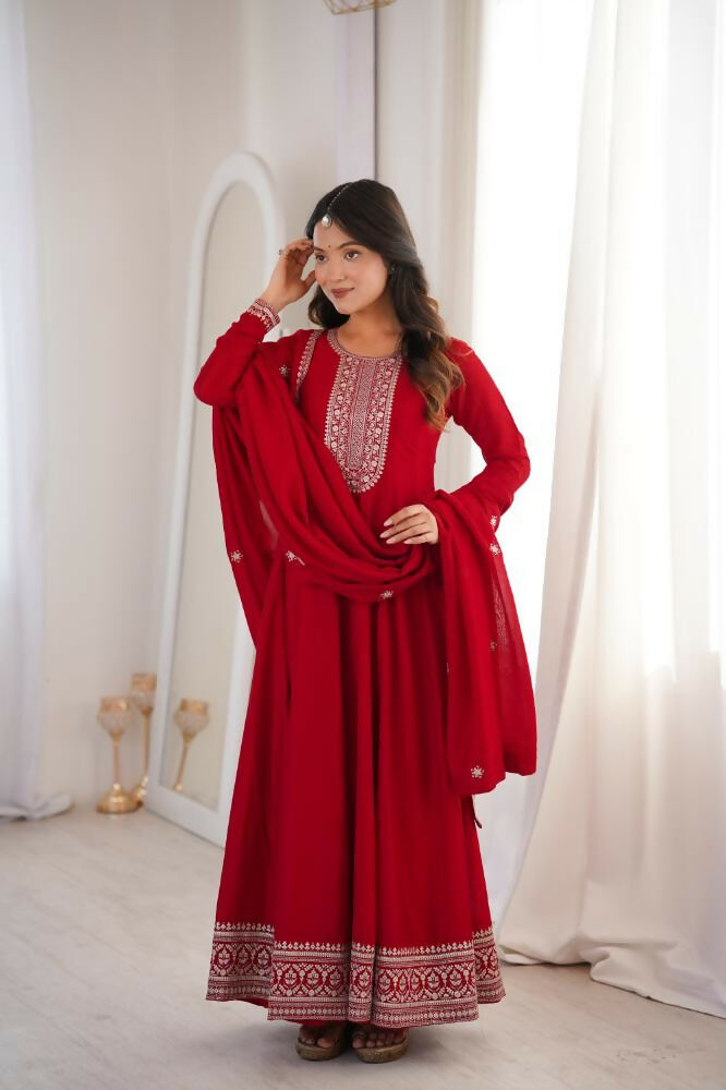 Lehenga Mart Designer Anarkali Suit With Kurta, Dupatta For Women-Dark Red | Grocsy